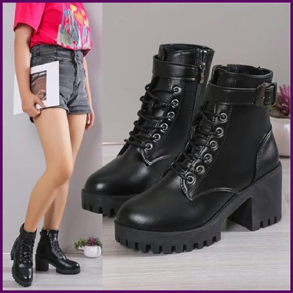 Chunky Heel Combat Boots with Side Zipper, Non-Slip Lug Sole, Buckle Strap - Picture 2 of 7